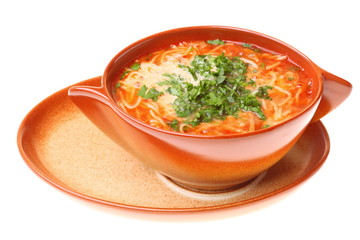 Tomato soup, parsley isolated white background