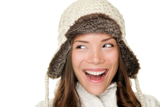 Winter Woman Looking Sideways Happy