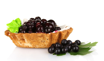 tasty cake with cream and blueberries isolated on white