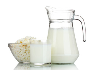 Sour cream, cottage cheese and milk isolated on white