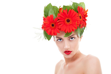 woman wearing gerbera flowers