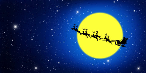 Santa Claus On Sledge With Deer And yellow Moon