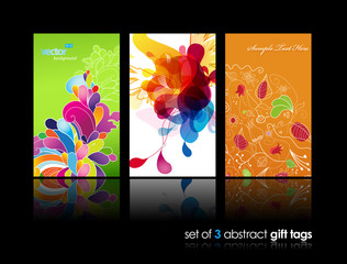 Set of abstract colorful splash and flower gift cards with refle