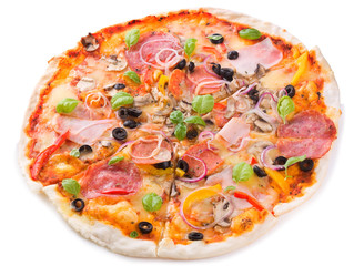 pizza with ham, salami and vegetables