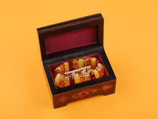 wooden casket with jewelry