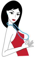 Young attractive holding a blue bead necklace in her hand