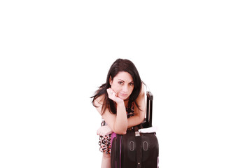 Fototapeta premium Young woman waiting at airport, isolated over white