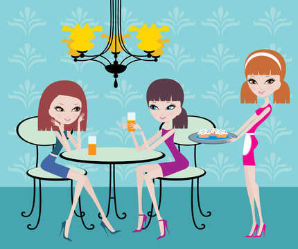 Friends in cafe and the waitress. vector