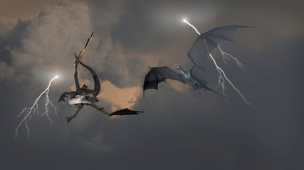 Fototapeta premium Dragons Fighting in Storm Clouds
