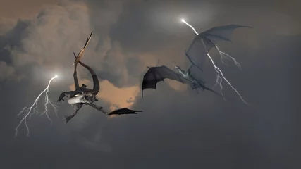 Deurstickers Draken Draken vechten in onweerswolken
