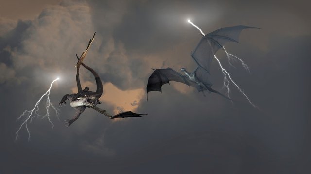 Dragons Fighting in Storm Clouds