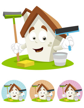 House Cartoon Mascot - Holding Cleaning Tools