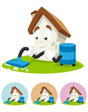 House Cartoon Mascot - cleaning the house