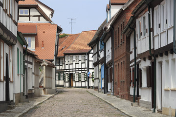 Fototapeta na wymiar Ulica z domami z muru pruskiego w Tangermuende