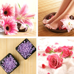 Spa collage with flowers, salt and feet
