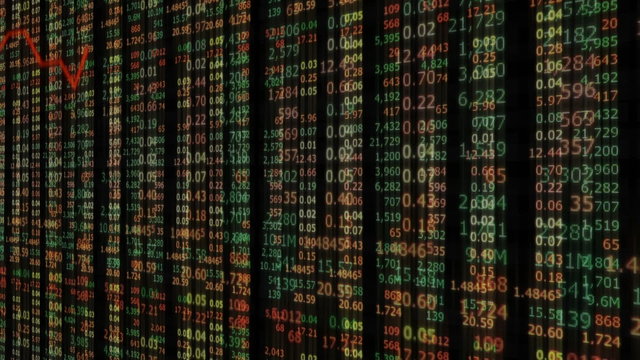 Wall of stock market tickers with graphs