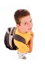 Young boy full body with school bag, isolated on white