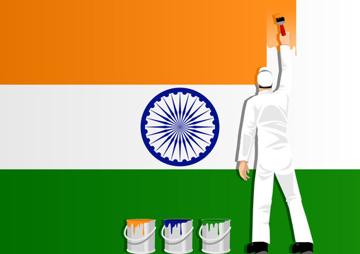 Illustration of a man figure painting the flag of India