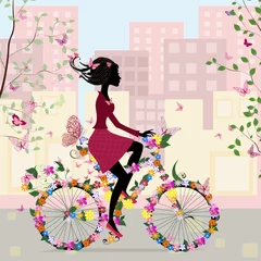 Crédence de cuisine en verre imprimé Femme fleurs Fille sur un vélo dans la ville