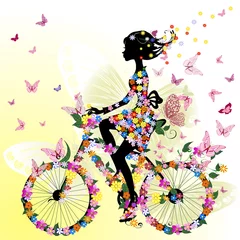 Cercles muraux Femme fleurs Fille à vélo dans un romantique