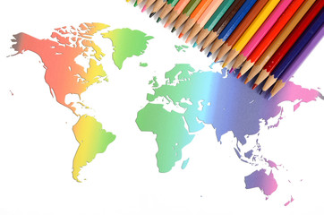World map and color pencils