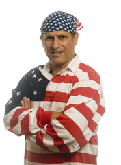 patriotic American man wearing flag shirt