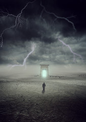 a man going to a gate in thunder storm