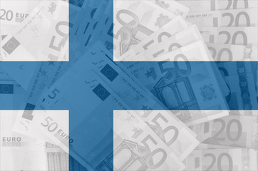 flag of Finland with transparent euro banknotes in background
