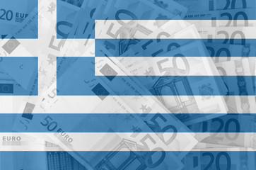 flag of Greece with transparent euro banknotes in background