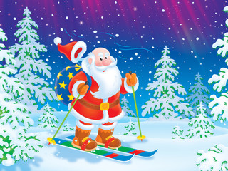 Santa Claus skiing with a toy sack through a forest
