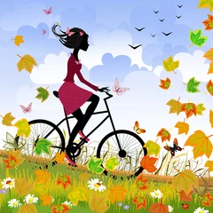 Garden poster Flowers women Girl on bike outdoors in autumn