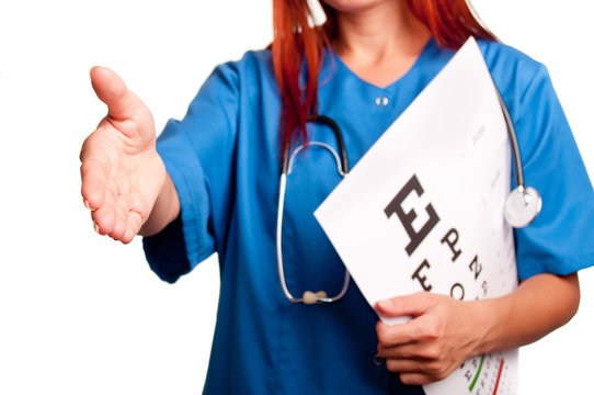 female doctor giving hand for handshake, isolated on white backg