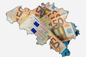 Outline map of Belgium with euro banknotes in background