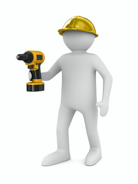 man with drill on white background. Isolated 3D image
