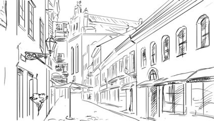 Foto op Plexiglas Tekening straatcafé oude stad - illustratie schets