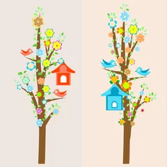 No drill light filtering roller blinds Birds in the wood beautiful birds and birdhouses on trees background