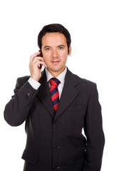 young business man talking on mobil phone, isolated on white