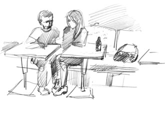 fellow with a girl at the table in a cafe