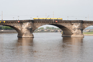 Tram on the bridge in Dresden