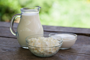 Dairy products on wooden table