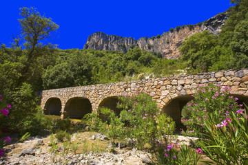 Fototapeta na wymiar italie; sardaigne; ogliastra : pont en pierre dans la montagne
