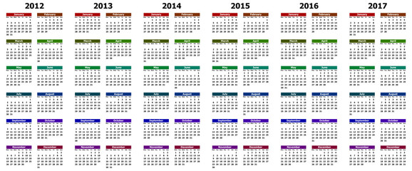 colorful calendar for years 2012 - 2017