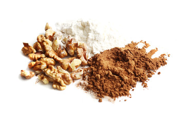 cocoa powder, floor and nuts isolated