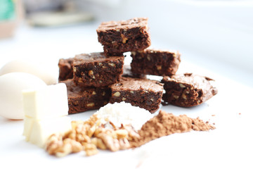 cocoa homemade brownies and ingredients, isolated