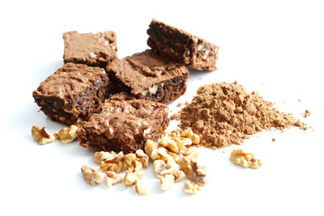 cocoa homemade brownies and ingredients, isolated