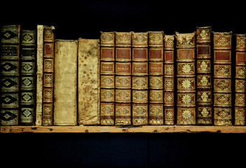 old books on an archival shelf of library of storehouse on  isol