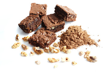 cocoa homemade brownies and ingredients, isolated