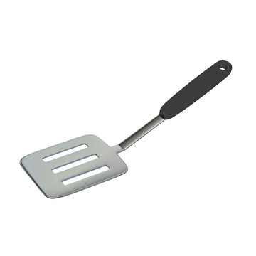 Stainless steel frying laddle with dark grey handle, 3D illustra
