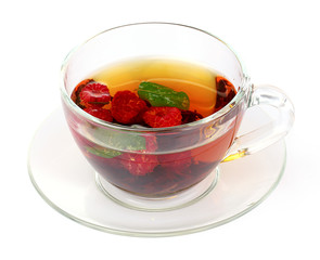 black tea, mint and raspberry in cup isolated on white