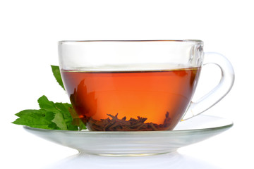 black tea  and mint in cup isolated on white